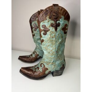Women's Lane Dawson Brown & Turquoise Western Cowboy Boots Size 7 Pull-On